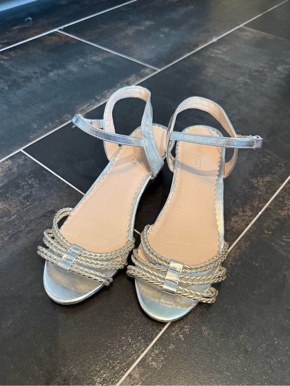 Nine West Silver metallic wedge sandals with braided detail and buckle strap